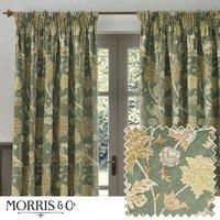 Morris & Co. Cray Floral Printed Velvet Ready Made Pencil Pleat Curtains Sage Sunflower