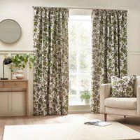Wylder Tropics Pomegranate Floral Jacquard Pencil Pleat Curtains - 2 Panels - Width x Drop - 229 x 137cm (90 x 54) - Green