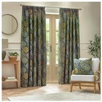 Wylder Ophelia Floral Jacquard Pencil Pleat Curtains In Blue And Saffron 117 X 137Cm