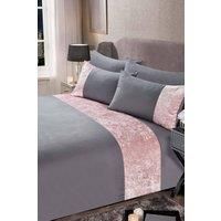 Sienna Crushed Velvet Panel Band Duvet Cover with Pillow Case Bedding Set - Silver Grey Blush, King