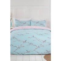 Dreamscene Floral Reversible Duvet Bedding Linen Set, Duck Egg Blush Pink Bird Print, King