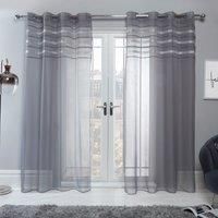 Sienna Pair of 2 Diamante Glitzy Voile Net Curtains Eyelet Ring Top Blush Grey