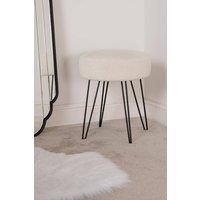 OHS Teddy Fleece Stool Hairpin Boucle Leg Foot Stool Rest Bedroom Upholstered Vanity Dressing Table Chair Round Pouffe - White