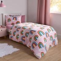 OHS Single Teddy Fleece Bedding Set Rainbows, Super Soft Warm Fleece Fabric Vibrant Rainbow Design Christmas Quilt Single Duvet Set & Matching Pillowcase, Pink