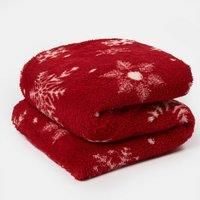 OHS Snowflake Blanket Throw, Teddy Fleece Bed Throw Soft Warm Winter Blanket Double Bed Thick Comfy Print Sofa Throw Couch Cover Christmas Blanket - Red, 150 x 200cm