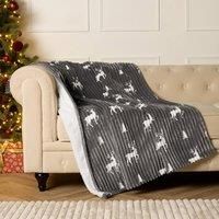 Stag Fleece Throw Over Bed Blanket Ribbed Christmas Sherpa Lined Supersoft Warm