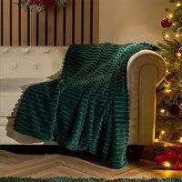 OHS Green Blanket Throw Faux Fur, Winter Warm Thick Ribbed Blanket for Bed Sofas Fleece Throws for Home Decorative Comfy Super Soft Couch Cover - Green Throw 125 x 150cm