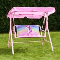 OHS Kids Garden Swing Seat Unicorn Print Swing Bench with Adjustable Canopy, Playful Unicorn Design Comfortable 2 Seater Outdoor Swing Chair For Patio or Porch, Pink