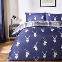 OHS King Size Duvet Cover Set, Super Soft Warm Microfibre Duvet Cover Stylish Tag Motif and Check Reversible King Size Bedding Set with Matching Pillowcases, Navy