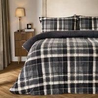 OHS Teddy Fleece Single Duvet Cover Set, Super Soft Warm Thermal Teddy Bear Bedding Classic Tartan Check Fluffy Cosy Single Bedding Set with Pillowcase, Charcoal Grey
