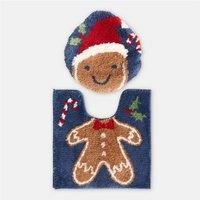 OHS Gingerbread Toilet Pedestal Mat Set with Lid Seat Cover Xmas U-Shaped Rug