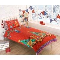 Rudolph Reindeer Christmas Kids Presents Stars Quilt Duvet Cover and Pillowcase Bedding Bed Set, Red, Single