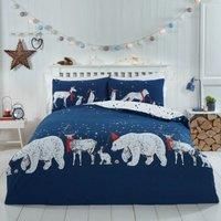 Rapport Home Polar Bear and Friends Single Duvet Cover Christmas Reversible Bedding Set, Cotton, Navy