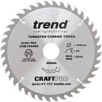 Trend CSB/18440A Craft Pro Trimming Crosscut TCT Blade for Circular Saws, 184mm x 40 Teeth x 30mm Bore, Tungsten Carbide Tipped