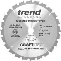 Trend Craft Pro Negative Hook Cross-Cutting TCT Mitre Saw Blade, 305mm x 24 Teeth x 30mm Bore, Tungsten Carbide Tipped, CSB/CC30524