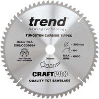 Trend CSB/CC30564 Craft Pro Negative Hook Crosscutting TCT Circular Blade Ideal for Makita, Dewalt, Metabo, and Bosch Mitre Saws, Tungsten Carbide Tipped, 305mm x 64 Teeth x30 Bore