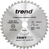 Trend CSB/CC25042 Craft Pro Negative Hook Crosscutting TCT Circular Blade for Table/Mitre Saws, 250mm x 42 Teeth x 30mm Bore, Tungsten Carbide Tipped