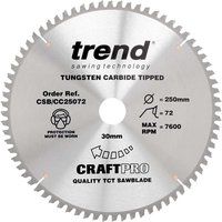 Trend CSB/CC25072 Craft Pro Negative Hook Crosscutting TCT Circular Saw Blade for Mitre Saws, 250mm x 72 Teeth x 30 Bore, Tungsten Carbide Tipped