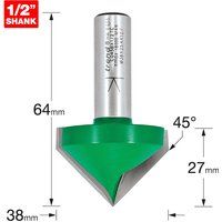 Trend CraftPro Chamfer Router Cutter Bit, 1/2 Inch Shank, 38mm Cut Diameter & 45 Degree V Groove, Tungsten Carbide Tipped, C045BX1/2TC