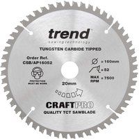 Trend CSB/AP16052 Craft Pro Worktop Aluminium and Plastic TCT Blade Ideal for Festool, Scheppach, and Mafell Circular/Plunge Saws, Tungsten Carbide Tipped, 160mm x 52 Teeth x 20mm Bore