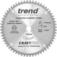Trend CSB/CC18460T Craft Pro Negative Hook Crosscutting TCT Blade Ideal for DCS365N-XJ Circular/Mitre Saws, Tungsten Carbide Tipped, 184mm x 60 Teeth x 16 Bore