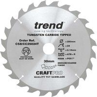 Trend CSB/CC25024T Craft Pro Positive Hook Crosscutting Circular Blade Ideal for DCS778N Mitre Saws, 250mm x 24 Teeth x 30mm Bore, Tungsten Carbide Tipped