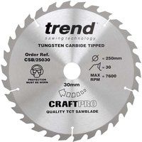 Trend CSB/25030 Craft Pro Rip TCT Circular Blade for Table Saws, 250mm x 30 Teeth x 30mm Bore, Tungsten Carbide Tipped
