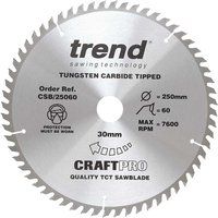 Trend Craft Pro TCT Saw Blade, 250mm x 60 Teeth x 30mm Bore, Tungsten Carbide Tipped, CSB/25060