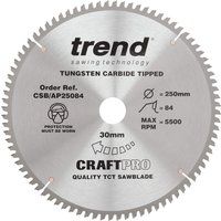 Trend CSB/AP25084 Craft Pro Worktop TCT Aluminium or Plastic Blade for Mitre Table Circular Saws, Tungsten Carbide Tipped, 250mm x 84 Teeth x 30mm Bore