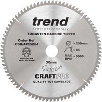 Trend CSB/AP25084 Craft Pro Worktop TCT Aluminium or Plastic Blade for Mitre Table Circular Saws, Tungsten Carbide Tipped, 250mm x 84 Teeth x 30mm Bore