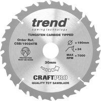 Trend CSB/19024TB Craft Pro Thin Kerf TCT Blade for Milwaukee M18CCS66-0 Cordless Circular Saws, Tungsten Carbide Tipped, 190mm x 24 Teeth x 30 Bore