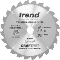 Trend CSB/CC26024 Craft Pro Negative Hook Crosscutting TCT Mitre Saw Blade Ideal for Makita and Festool Table/Mitre Saws, 260mm x 24 Teeth x 30 Bore, Tungsten Carbide Tipped