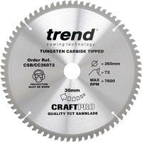 Trend CSB/CC26072 Craft Pro Negative Hook Crosscutting TCT Circular Blade Ideal for Makita and Festool Table/Mitre Saws, Tungsten Carbide Tipped, 260mm x 72 Teeth x 30 Bore