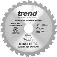 Trend Craft Pro Top and Front Bevel TCT Circular Saw Blade, 184mm Teeth x 30mm Bore, Tungsten Carbide Tipped, CSB/NC18430A