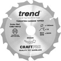 Trend CSB/19012 Craft Pro Rip TCT Circular Saw Blade, 190mm x 12 Teeth x 30mm Bore, Tungsten Carbide Tipped