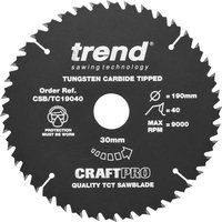 Trend CSB/TC19040 Craft Pro PTFE Coated TCT Circular Saw Blade, 190mm x 40 Teeth x 30 Bore, Tungsten Carbide Tipped
