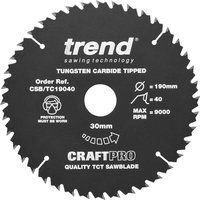 Trend CSB/TC19040 Craft Pro PTFE Coated TCT Circular Saw Blade, 190mm x 40 Teeth x 30 Bore, Tungsten Carbide Tipped