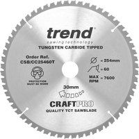 Trend Craft Pro Negative Hook Cross-Cutting Thin Kerf TCT Saw Blade, 254mm x 60 Teeth x 30mm Bore, Tungsten Carbide Tipped, CSB/CC25460T