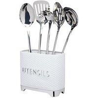 KitchenCraft Lovello Textured Utensil Holder with Geometric Hexagon Pattern, 20 x 10 x 18 cm (8" x 4" x 7") - Ice White