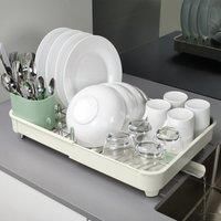 Joseph Joseph Extend Expandable Dish Drainer Rack with Removable Cutlery Holder Swivel Draining Spout - Stone/Sage Green