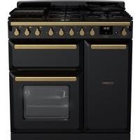 Rangemaster Estel Deluxe 90cm Dual Fuel Rangecooker - Gloss Black + Brass