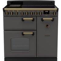 Rangemaster Classic Deluxe CLDL90EIPSLT/AB1 90cm Electric Range Cooker with Induction Hob - Slate / Antique Brass - A/A Rated, Grey