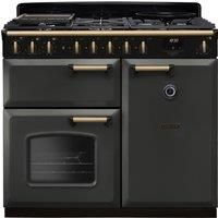 Rangemaster Classic Deluxe 100 Dual Fuel CLDL100DFPSLT/AB1 100cm Dual Fuel Range Cooker with Gas Hob - Slate / Antique Brass - A Rated, Grey