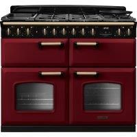 Rangemaster Classic Deluxe 110 CLDLB110DFPBOR/AB1 110cm Dual Fuel Range Cooker with Gas Hob - Bordeaux / Antique Brass - A/A/A Rated, Red