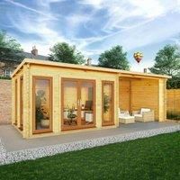 Mercia 7m x 3m Studio Pent Log Cabin With Patio Area (44mm) - Oak UPVC Windows & Doors