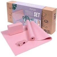 Myga RY1502 Yoga Starter Set with Studio Yoga Mat, Yoga Block Brick and Metal D-Ring Yoga Strap - Yoga Beginners Starter Kit, Complete Home Set - Pink
