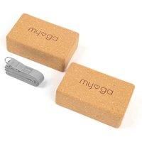 Myga Cork Yoga Blocks & Strap Set - 2 Natural Cork Bricks and Metal D Ring Belt