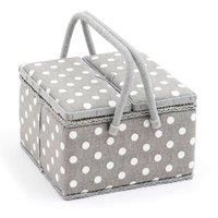 Hobby Gift Exclusive Large Twin Lid Sewing Craft Hobby Storage Box, Accessories Tray Pin Cushion Pockets PVC Handles, 25 x 25 x 17cm, Polka Dot Grey