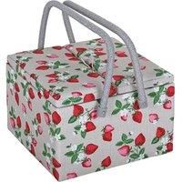 Hobby Gift Exclusive Large Twin Lid Sewing Craft Hobby Storage Box, Accessories Tray Pin Cushion Pockets PVC Handles, 25 x 25 x 17cm, Strawberries