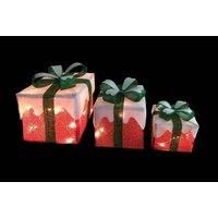 Snowtime Set Of 3 LED Lit Red Green And White Parcels
